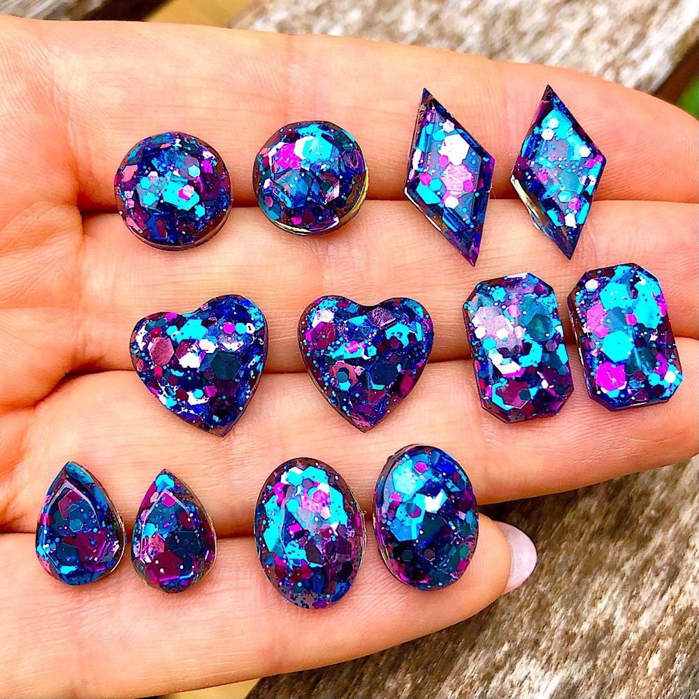 Blue and Fuchsia Glitter Stud Earrings